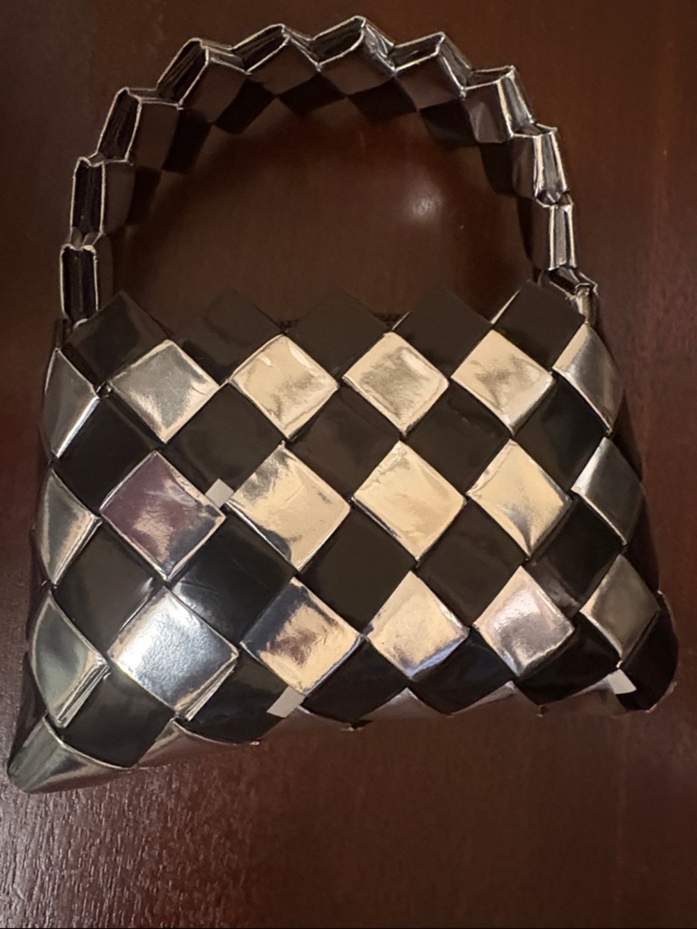 Up cycled Woven candy wrapper Metallic Black & Silver Mini Handbag